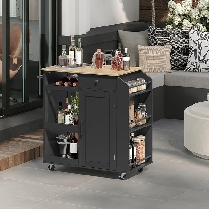 MAHANCRIS Kitchen Island with Power Outlet, Kitchen Storage Island with Drawer, Rolling Kitchen Cart on Wheels, Spice Rack, Towel Rack, Wine Rack, for Dining Room, Black and Natural KIHN122E01