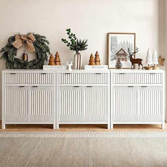 FLOWBACK Buffet Cabinet with Storage,Modern Credenza with Fluted Doors & Shelves Coffee Bar Media Console Accent Cabinets for Living Room, Entryway (White, 2 Door + 1 Drawer(3 Piece))