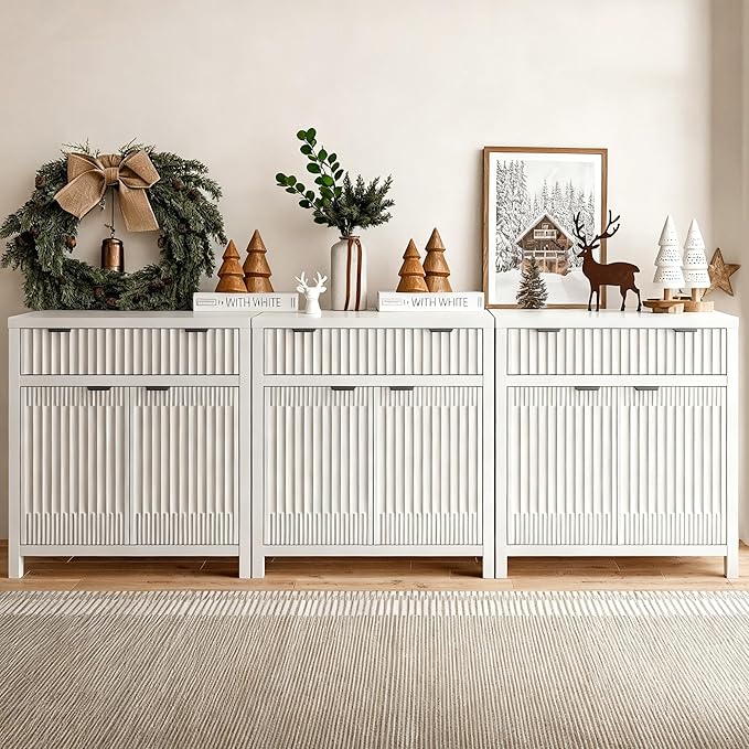 Fatmok Fluted Buffet Cabinet with Storage Set of 3, 34" Tall Modern Arched Sideboard Cabinet w/AdjustableShelves,Wooden Modular Coffee Bar for Kitchen, Living Room, Entryway, White