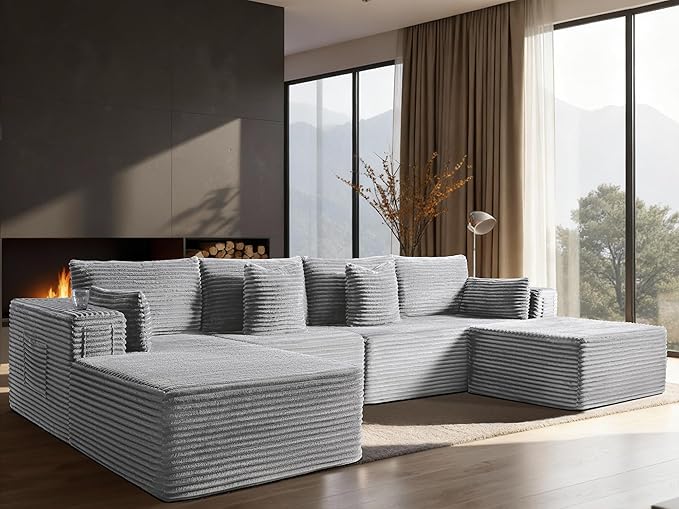 138" Oversized Cloud Sectional Couch, Comfort U Shaped Boneless Couch for Living Room, Extra Deep Seats No Assembly, Modular Sofa, Corduroy (Light Grey, 3 Seater+Left Facing Chaise+Ottoman)