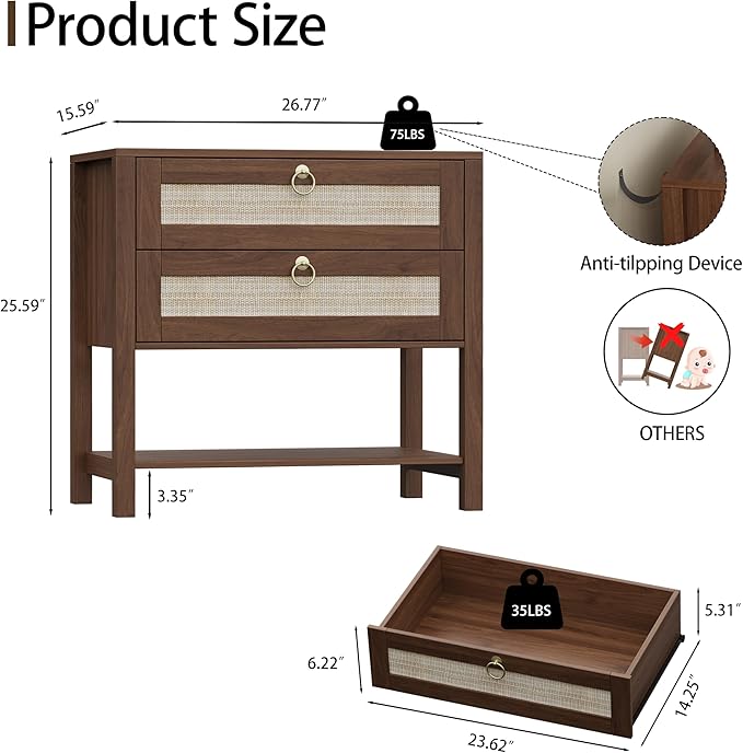 Xixini Nightstand wih 2 Drawers & Open Shelf, 27" Wide Rattan Boho Bedside Table with Brass Knobs, Small Mid Century Modern Night Stand, Wooden End Side Table for Bedroom, Living Room, Closet, Walnut