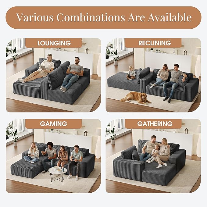 GRUSIGN 107'' Cloud Sectional Boneless Couches for Living Room, Modular L Shaped Couch with Deep Seat Oversized Left Facing Chaise, Memory Foam Compressed Spineless 3 Seater Sofa, Wide-Striped Grey