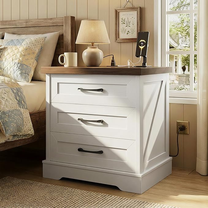 AODK 24 Inch Farmhouse Nightstands with Charging Station, Bedside Tables with Three Drawers, Bed Side Table with Storage, End Tables with Outlet and USB for Bedroom, Living Room, White & Dark Walnut
