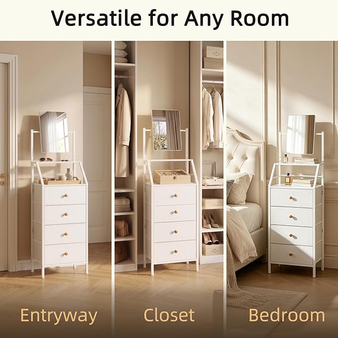 HIGDBFE 4-Drawer Dresser with Mirror, Vanity with 2-Tier Shelves, Fabric Chest of Drawers for Small Space, Vertical Storage Cabinet for Bedroom, Nightstand Bedside Table Furniture, White, 15.3" W