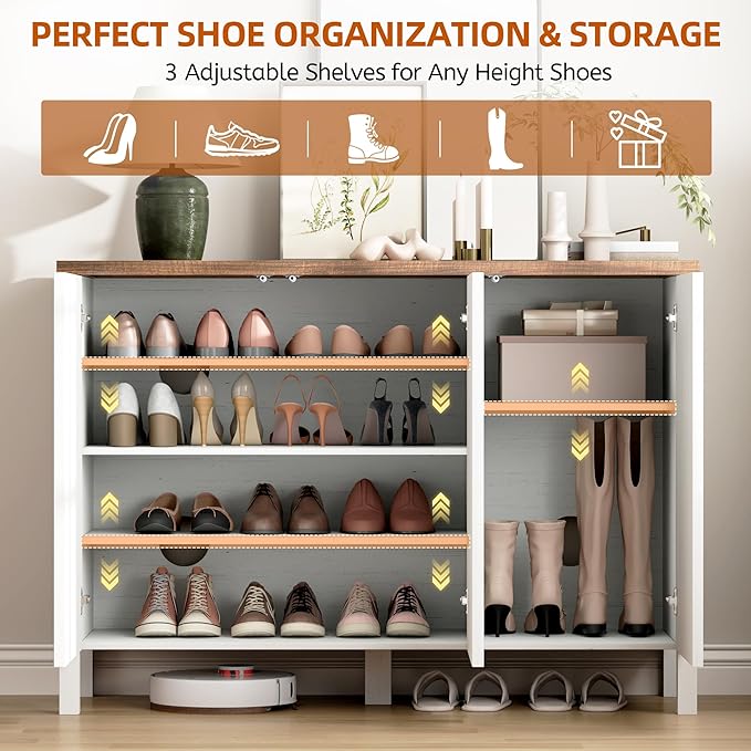 Vlsrka Shoe Cabinet with 3 Doors, Narrow Wooden Shoe Cabinet, Hidden Shoe Storage for Entryway, Foyer, Hallway (White B)
