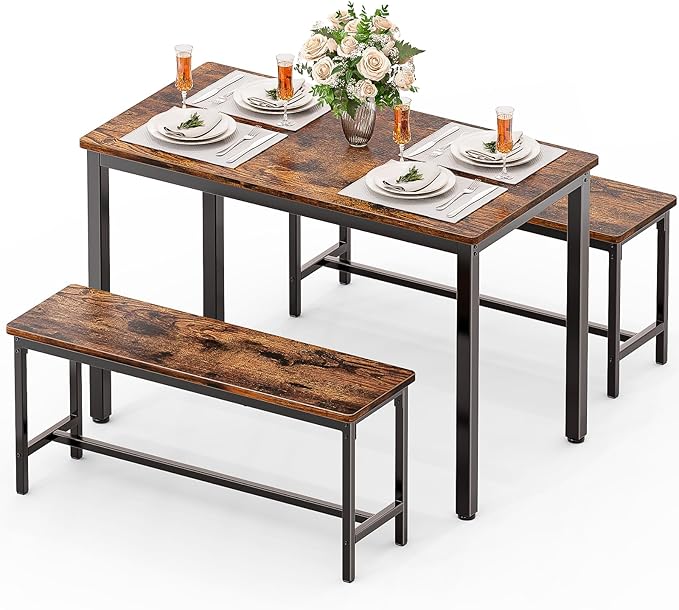 Dining Table Set for 4, Kitchen Table with 2 Benchs, Modern Functional 3-Piece Dining Room Table for Apartment Breakfast Nook and Samll Space, Brown