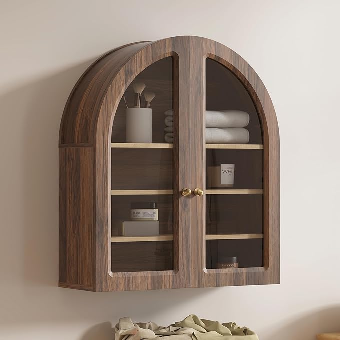 EYYTHUNG Fluted Arched Wall Cabinet, Large Wood Bathroom Medicine Cabinet Wall Mounted Cupboard, Modern Floating Storage Cabinet with Acrylic Door Adjustable Shelf, Organizer, Brown-Oak