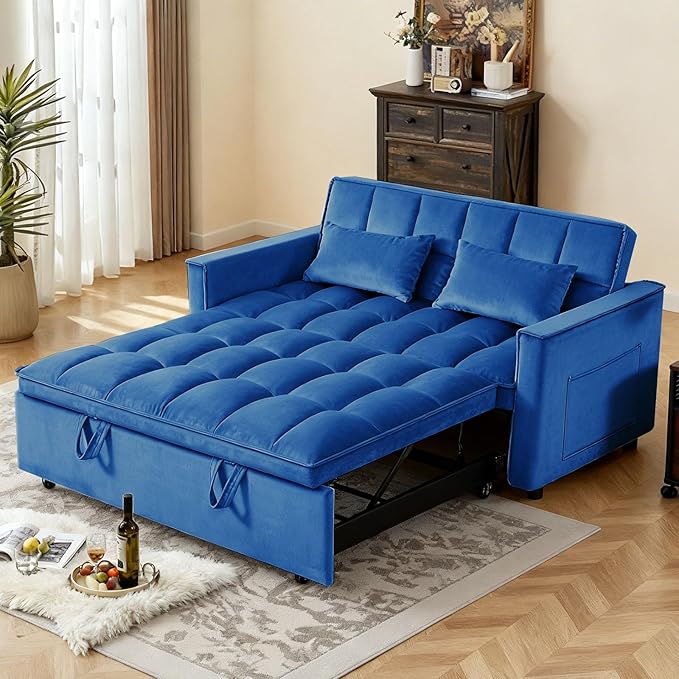 3 in 1 Convertible Sleeper Sofa Bed, Velvet Fabric Loveseat Sofa Bed with Adjustable Backrest & Large Side Pockets, Pull Out Couch for Small Spaces, Apartment, Living Room, Blue