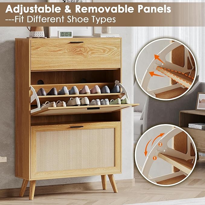 MU Natural Rattan Shoe Cabinet, Entryway Shoe Cabinet with 2 Flip Drawers and Hidden Cabinet, Boho Shoe Organizer Cabinet, Wooden Shoe Storage Cabinet for Entrance, Hallyway, Natural