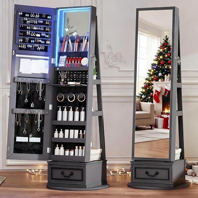 Vlsrka Mirror Jewelry Cabinet Standing, 360° Swivel Jewelry Armoire with Full Length Mirror, Lockable Mirror with Jewelry Storage, 3-Color LED Lights, Foldable Makeup Shelf, Grey