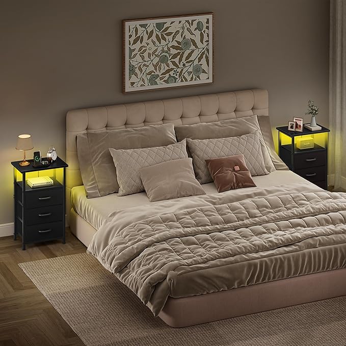 Vagusicc Night Stand with Charging Station, LED Nightstand for Bedroom, Bedside Table with 3 Fabric Drawers, End Table Side Table with USB Ports and Outlets, Bed Side Table for Bedroom, Black