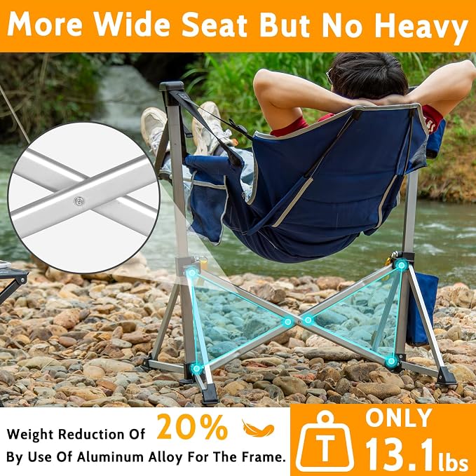 2 Pack Oversized Swing Hammock Camping Chairs with Footrests & Headrests, 440LBS Aluminum Reclining Outdoor Lounge Chairs, 49" Tall Folding Chairs with Cup Holders,Blue