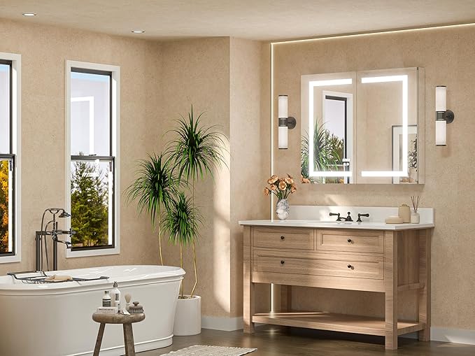 TETOTE LED Lighted Bathroom Medicine Cabinet Mirror with Lights 36 x 30 Recessed or Wall Mounted Cabinet with 2 Door, Tempered Glass, Outlets & USB, 3-Color Stepless Dimming, Defog, Adjustable Shelf