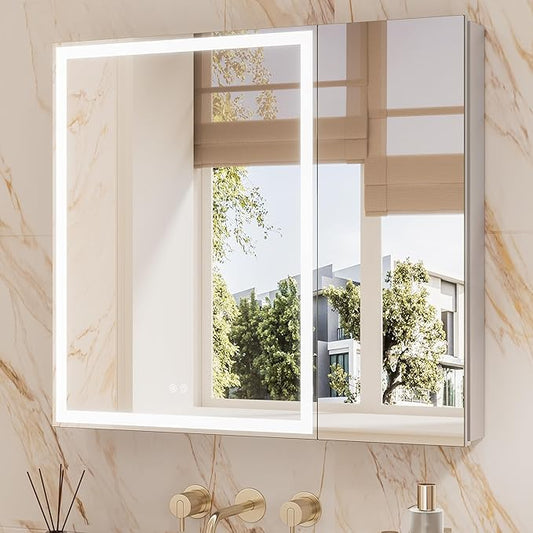 TETOTE 36 x 32 Medicine Cabinet with Lights, Adjustable Shelves, Silver Aluminum Cabinet, Anti-Fog Stepless Dimmable 3 Colors White/Warm/Natural, Easy to Install(Wall Mount/Recessed)