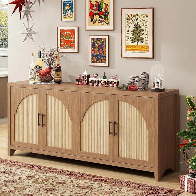 Bestier 70" Sideboard Buffet Cabinet with Storage, Large Modern Storage Credenza with Arch Fluted Doors & Adjustable Shelves, Farmhouse Wood Coffee Bar for Living Room, Kitchen, Entryway, English Oak