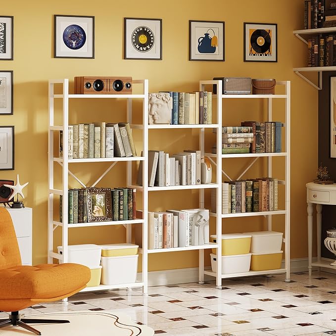 SUPERJARE Triple Bookshelf, Bookcase with 11 Open Display Shelves, Wide Book Shelf Book Case for Home & Office, 4 Tier, White