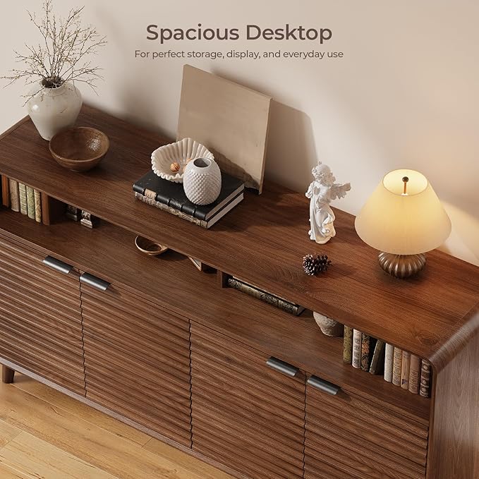 61" Sideboard Buffet Cabinet with Open Storage & 4 Doors, Large Coffee Bar Cabinet with Adjustable Shelves, Mid Century Modern Fluted Buffet Cabinet for Kitchen, Living Room, Walnut