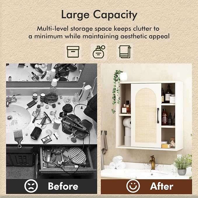 RUSTOWN Boho Rattan Wall Cabinet, Midcentury Bathroom Cabinet with Sliding Door, Adjustable Shelves, Over The Toilet Storage Cabinet (Vintage White)