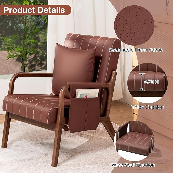 HOMMPA Mid-Century Modern Accent Chair Set of 2, Comfy Reading Armchair with Solid Wood Frame & Lumbar Pillow, Upholstered Linen Lounge Chair with Side Pocket for Living Room, Bedroom,Balcony (Brown)