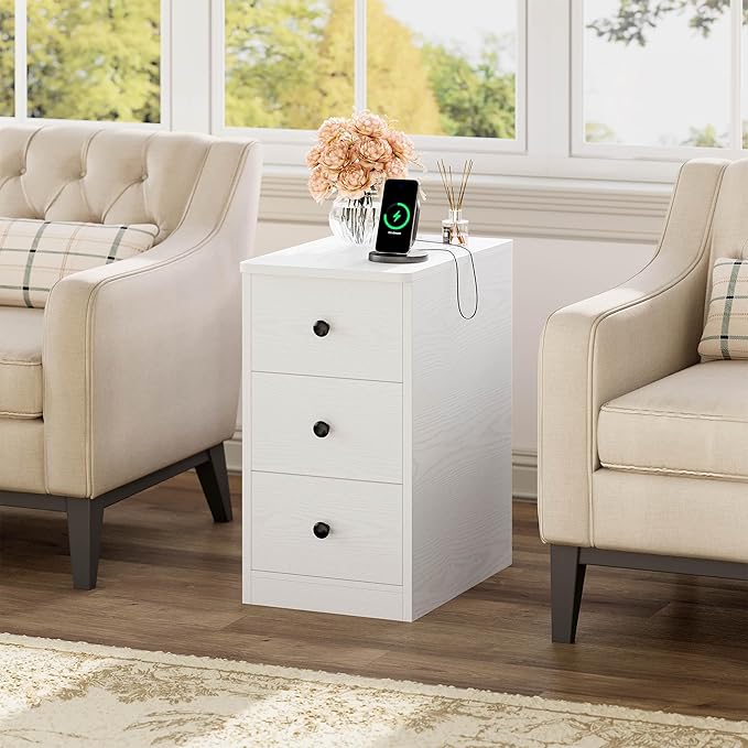 LIKIMIO Nightstand with Charging Station, Narrow Bedside Table with 3 Drawers, End Table with USB Ports and Outlets, Side Table for Living Room/Bedroom Modern