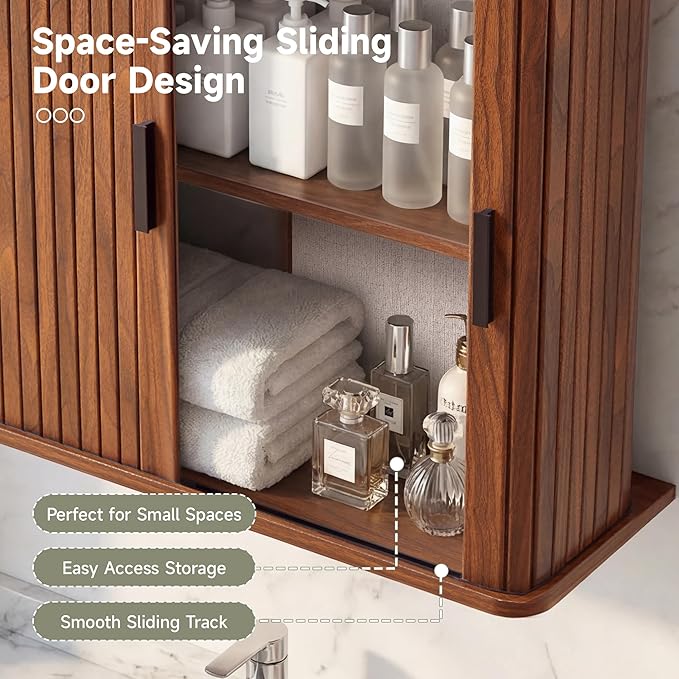 weselon Fluted Wall Mounted Bathroom Cabinet with Sliding Doors, Medicine Cabinet Storage for Over the Toilet, Space Saver Organizer for Small Bathroom Laundry Kitchen (Walnut)