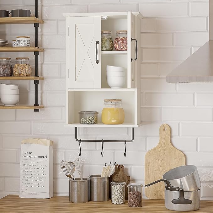 ChooChoo Farmhouse Medicine Cabinet, Bathroom Wall Cabinet with Adjustable Shelf, Towel Bar, 3 Hooks, Over The Toilet Storage Cabinet for Bathroom, Kitchen, White