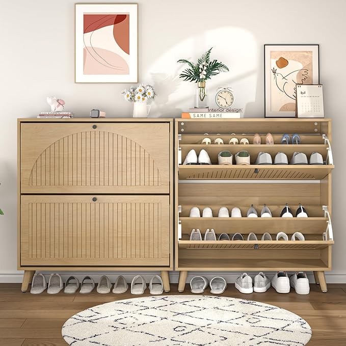 Fsbecl Shoe Storage Cabinet for Entryway with 2 Flip Drawers, Narrow Wood Shoe Cabinet with Fluted Panel, Freestanding Hidden Shoe Organizer for Foyer, Hallway (Wood Color)