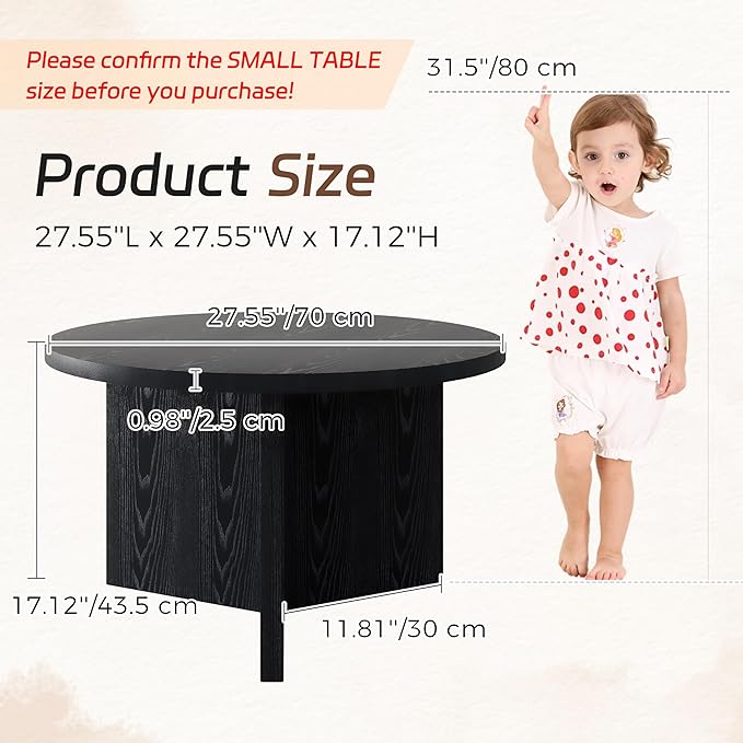 Luoxiao Small Round Coffee Table for Living Room Minimalist Center Table for Small Space Modern End Table with Adjustable Feet Pads Black