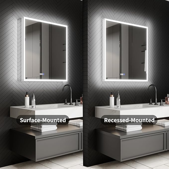 ExBrite 30 x 32 Lighted Medicine Cabinet with Mirror, Front&Backlit led Medicine Cabinet,Defog,5X Magnifier,3 Colors Temper Dimmable,Surface or Recessed Mount,Door Wide Open