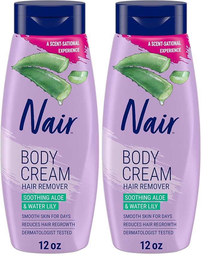 Nair Body Cream Hair Remover, Soothing Aloe and Water Lily, Dermatologist Tested Body Hair Removal Cream, with Evolved Ingredients, 12 Oz (Pack of 2)