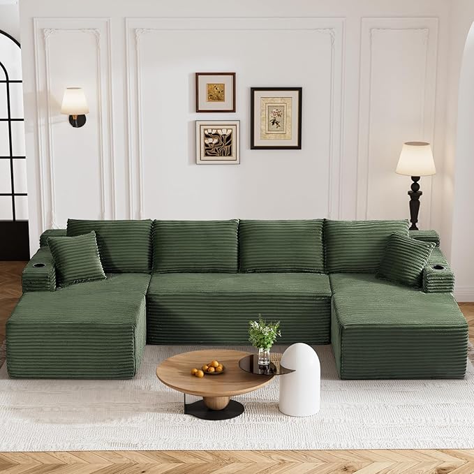133" Oversized Cloud Boneless Sofa Couch with Chaise, Modern Corduroy U Shaped Modular Sectional Sofa with Deep Seat, Comfy Couch with Cupholders and Storage, No Assembly Required-Green