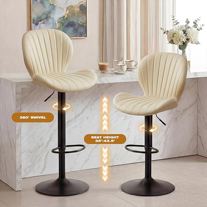 GRUSIGN Bar Stools Set of 2, Modern Swivel Adjustable Bar Chairs, Faux Leather Upholstered Counter Height Bar Stools with Backrest, Comfort Barstools for Kitchen Island, Home Bar, Beige