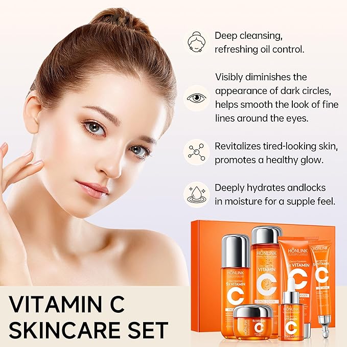 6-Piece Hydrating Skincare Set with Vitamin C & Niacinamide, Face Care Kit Includes Toner, Serum, Cleanser, Moisturizer, Eye Cream & Body Lotion | Valentine’s Day Gift for Women