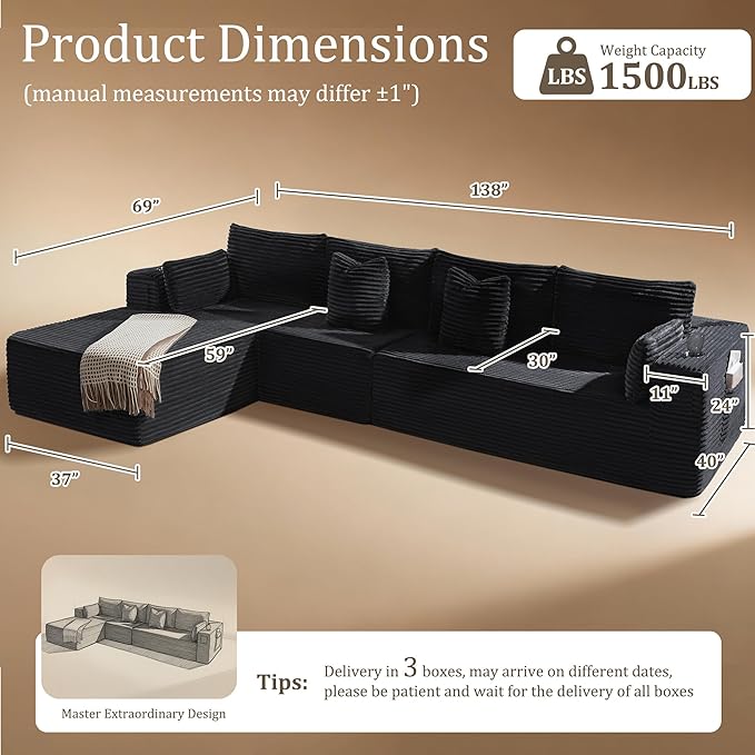 138" Cloud Sectional Couch, Comfort L Shaped Boneless Couch for Living Room, Extra Deep Seats No Assembly, Minimalist Modular Sofa, Corduroy (Black, 3 Seater+Right Facing Chaise)