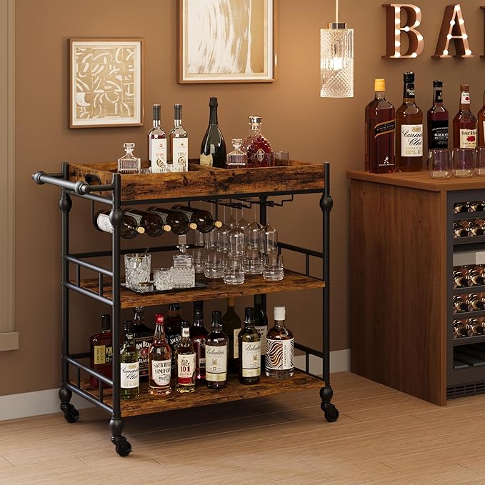 3-Tier Bar Cart with Wheels, Mobile Rolling Beverage Cart with Wine Rack, Glass Holder & Removable Top Tray, Serving Cart, Retro Trolley for Kitchen, Dining Room, Living Room, 35.4" x 15.7" x 34.1"