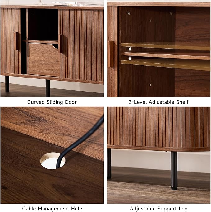 ONBRILL 69" TV Stand with Power Outlet for TVs up to 80", Entertainment Center with Storage and Drawer, TV Console with Adjustable Shelves and Sliding Door, TV Stand for Living Room, Bedroom, Walnut