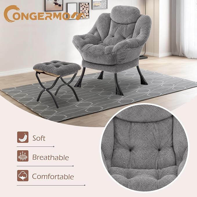 Lazy Chair with Folding Ottoman,Leisure Sofa Chair,Soft Fabric Armchair with Armrests and Side Pockets, Reading Chair with Footrest for Living Room, Bedroom, Office (Plush Light Grey)