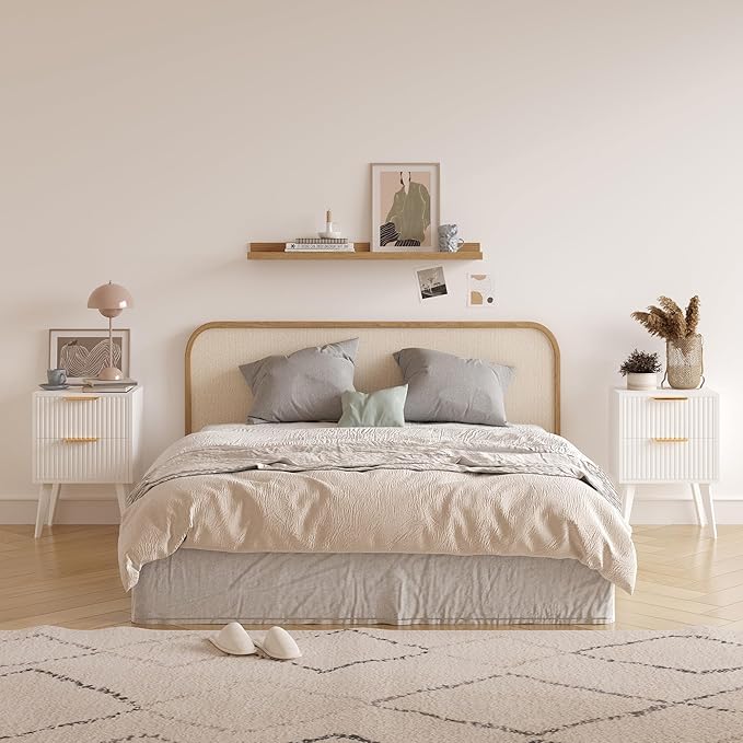 YAUKOMEL Fluted Nightstand with 2 Drawers,Modern Bedside Table with Metal Handles,Side Table with Solid Wood Legs,End Table for Living Room,Bedroom,Small Spcae 11.8" D x 15.7" W x 22.8" H White CTG55W