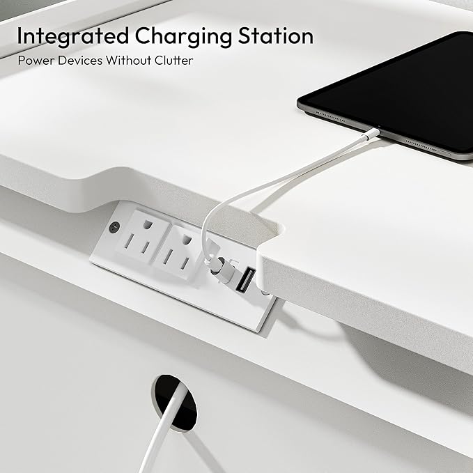 24" Tall Nightstand with Charging Station Including USB-C, Modern Bedside Table and Sofa End Table - White, 3 Drawers, 1-Pack