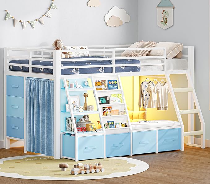 MSmask Low Loft Bed with 7 Storage Drawers & Reading Nook, Kids Twin Loft Bed with Bookshelf, LED Lights & Safety Guardrail, Loft Bed Twin Size with 35.8''H Play Space, Inclined Ladder, White & Blue
