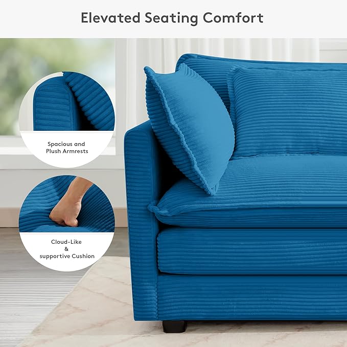 ROWHY 113'' Modular Sectional Cloud Couch, 5 Seater Corner Sofa Big Comfy Corduroy Oversized L Shaped Couch with 2 Pillows, Chaise, Ottoman, Deep Seat Sectional Couches for Living Room Office, Blue