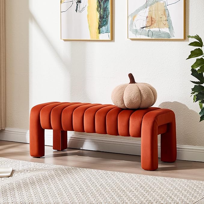 43.3" Bedroom Bench, Upholstered Entryway Bench, Modern End of Bed Ottoman with Solid Wood Legs and Adjustable Foot Pegs for Entryway, Dining Room and Living Room (Rust Velvet)