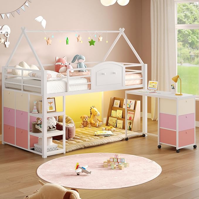 VIAGDO Twin Loft Bed with Desk and Storage for Kids, Metal Low Loft Bed Twin with 9 Drawers, 3-Tier Shelves, Led Lights, Safety Guardrail, No Box Spring Needed,White | 9 Storage Drawers
