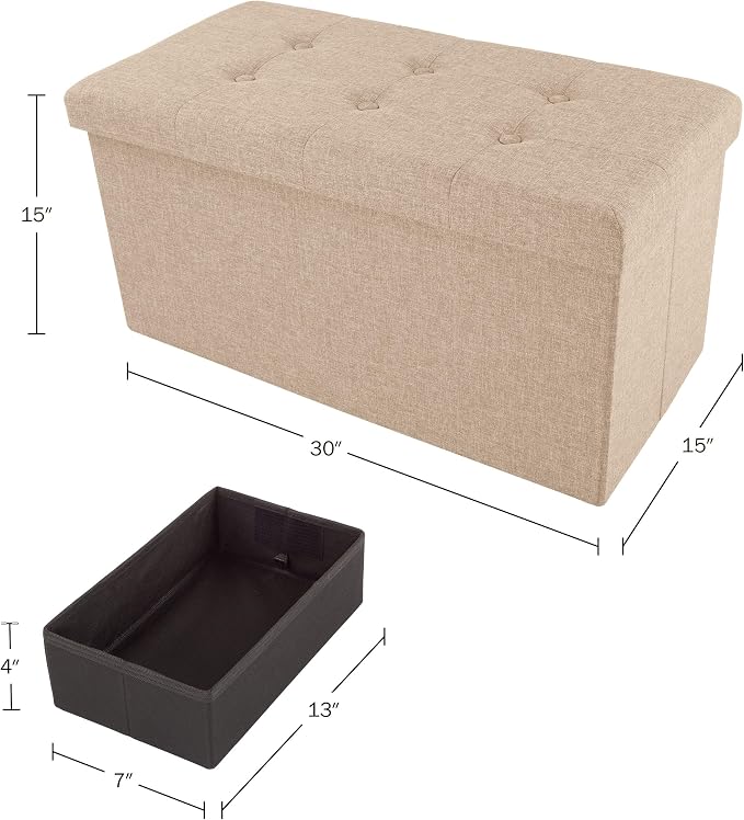 Lavish Home Folding Storage Ottoman - Set of 2 30-Inch Tufted Footrest, Linen Chest, or Bench with Removable Bin for Living Room, Bedroom, or Dorm (Beige)