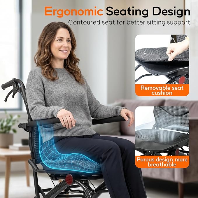 SOFTFISH Transport Wheelchair with Ergonomic Seat & Pull Rod, 1s Foot-fold Wheelchairs for Adults with Foldable Armrest & Footrest, Carbon Fiber Aluminum Frame Travel Transport Chair for Seniors
