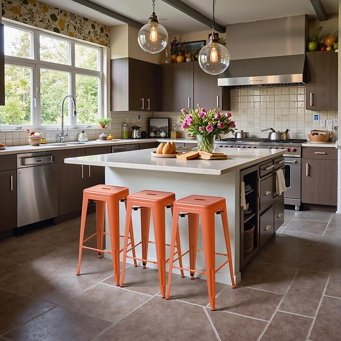 Furmax 30 Inch Metal Bar Stools Set of 4, Counter Height Stools, Industrial Bar Chairs Patio Stool Stackable Stool for Kitchen/Dining Room/Indoor Outdoor(Orange, 30'' Backless)