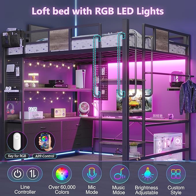 BYSAUD Full Size Loft Bed, Loft Bed Full Size, Bunk Bed with Desk, Loft beds with Desk,LED Lights & Charging Station,5 Drawer&1 Bedside Organizer,Safety Guardrail,Noise Free,No Box Spring Needed,Gray