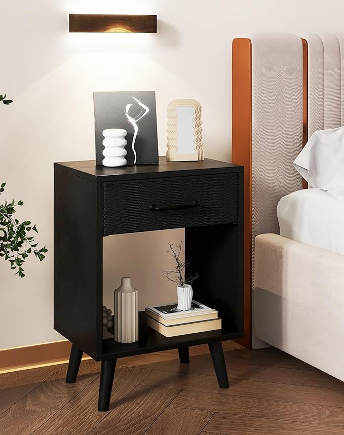 YMYNY Nightstand Set of 2, Bedside Table, Side Table with Fabric Drawer, Handle and Open Compartment, Solid Wood Legs, Wooden Coffee Table for Bedroom, Black UHST020B-2