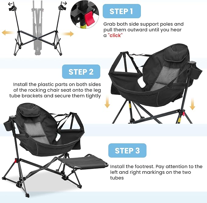 Ainfox Hammock Chair with Footrest, Oversized Swinging Portable Folding Camping Chairs for Adults Outside Swinging Camp with Cup Holder Pillow for Outdoor Patio Lawn Black