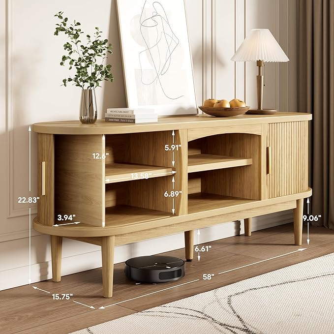 Decofy Mid Century TV Stand for TVs up to 65 Inches, Entertainment Center with Storage, Power Outlet, Fluted Sliding Doors & Adjustable Shelves, Modern Media TV Console Table for Living Room (Oak)